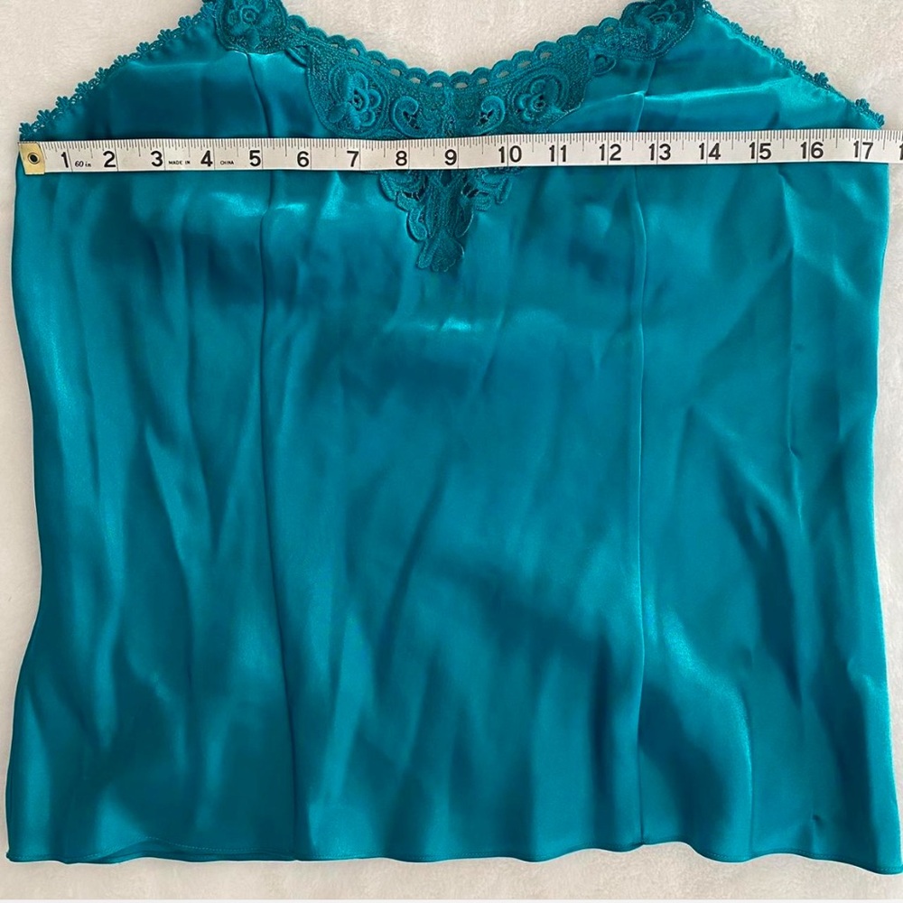 Vintage Erika Taylor turquoise teal blue satin pajama cami and shorts set sz M - Picture 2 of 8